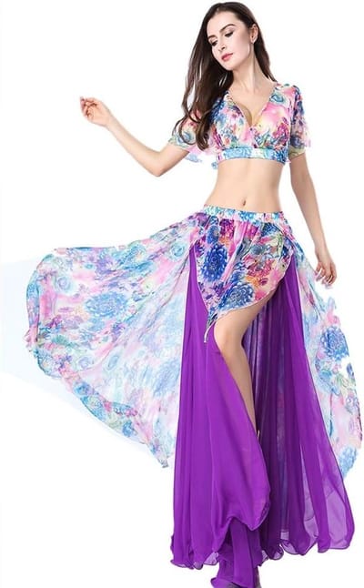 Buikdans Top en Rok Set voor Vrouwen - Sexy Chiffon Dansoutfit met Bloemenprint en Prestaties Jurken