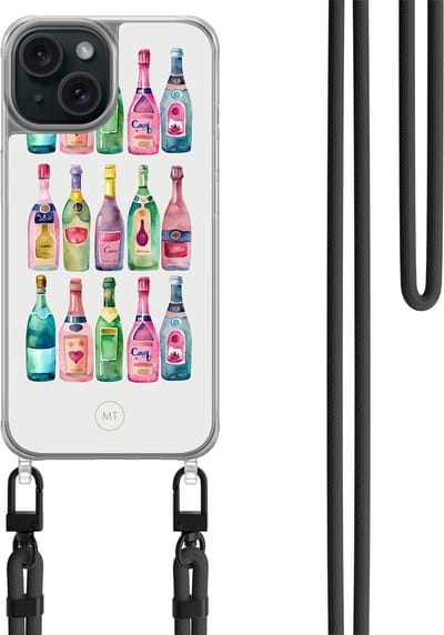 Hoesje met koord geschikt voor iPhone 13 - Cheers & cheers - Inclusief zwart koord - Crossbody beschermhoes - Transparant, Multi - Mooie Telefoonhoesjes