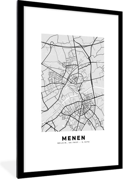 Fotolijst incl. Poster Zwart Wit- Stadskaart – Zwart Wit - Kaart – Menen – België – Plattegrond - 80x120 cm - Posterlijst