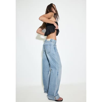 Stradivarius D92 straight wide jeans met scheuren  LICHTBLAUWE DENIM WASSING 40