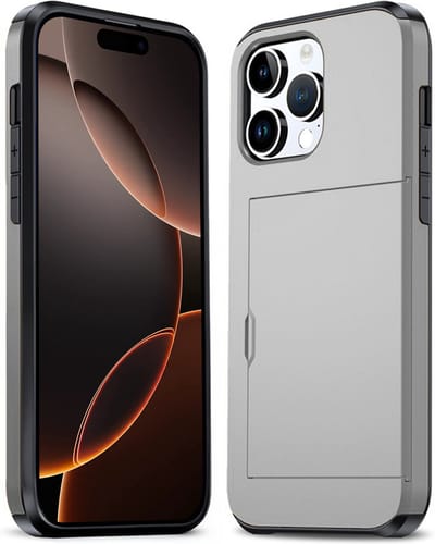 Hoesje Geschikt voor iPhone 16 Pro Hoesje Pasjeshouder Shockproof Hard Case - Hoesje Geschikt voor iPhone 16 Pro Hoes Met Kaarthouder - Grijs