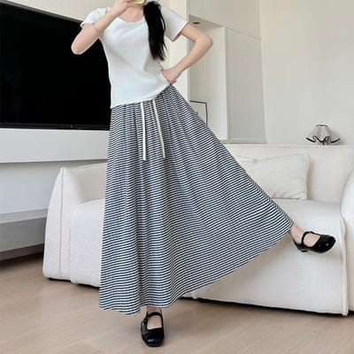 Zwart-wit geruite rok voor dames zomer nieuw hoge taille hangende grote paraplu rok middellange A-lijn lange rok One size gray