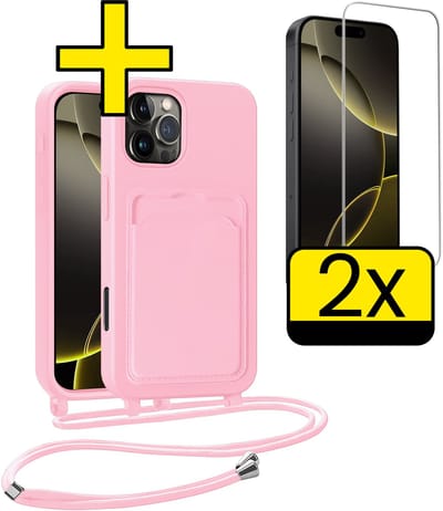 Hoesje Geschikt voor iPhone 16 Pro Telefoonhoesje Met Koord Case Pashouder Met 2x Screenprotector Siliconen - Hoes Geschikt voor iPhone 16 Pro Hoesje Met Kaarthouder - Lichtroze