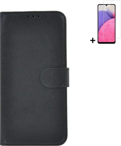 Geschikt voor Samsung Galaxy A05s Hoesje - Bookcase – A05s Screenprotector - Pu Leder Wallet Book Case Zwart Cover + Screenprotector