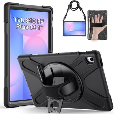 Hoes Geschikt voor Samsung Galaxy Tab S10 FE Plus - Back Cover met Handriem - 360° Draaibare Kickstand Standaard - Beschermhoes Zwart
