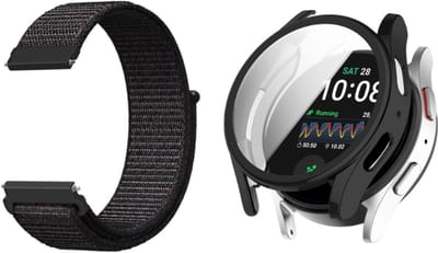 Strap-it Nylon band Zwart + TPU Case zwart - Geschikt voor Samsung Galaxy Watch 7 40mm - Bescherming hoesje voor Galaxy Watch 7 40mm smartwatch - Zachte nylon band zwart + TPU Case zwart