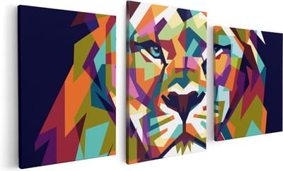 Artaza Canvas Schilderij Drieluik Gekleurde Leeuw - Abstract - In Kleur - 120x60 - Foto Op Canvas - Canvas Print
