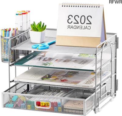 RFWR® Bureau Organizer met 4 Planken en Lade - Ruimtebesparende Desktop Opslag voor Kantoorbenodigdheden