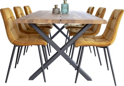 Tony eethoek , 1 eettafel en 6 stoelen geel en eik.