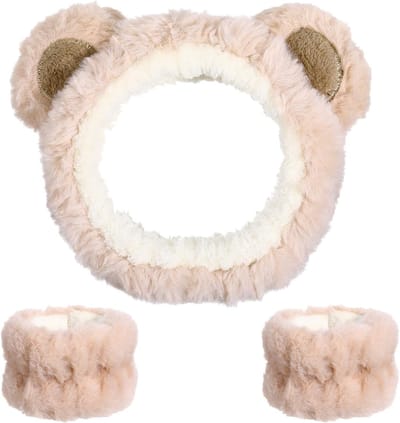 Set van 3 Schattige Berenoren Hoofdbanden voor Gezichtsreiniging en Huidverzorging, Zachte Elastische Make-up Hoofdbanden en Polsbandjes voor Vrouwen