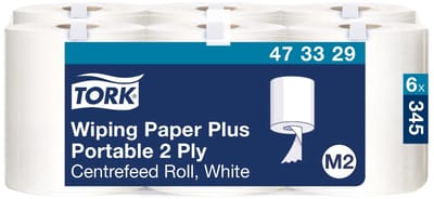 Tork 473329 6st Wiping Plus Centerfeed Poetspapier 2lgs wit 23x19cm pak a 6 rol (473329)