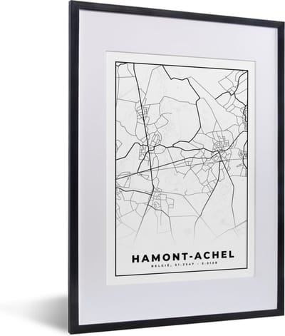Fotolijst incl. Poster Zwart Wit- Kaart – Plattegrond – Stadskaart – Hamont Achel – België – Zwart Wit - 30x40 cm - Posterlijst