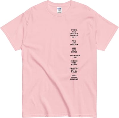 T Shirt met Verticale Tekst - Quotes over Geluk en Spirituele Groei - Dames Heren - Roze - S