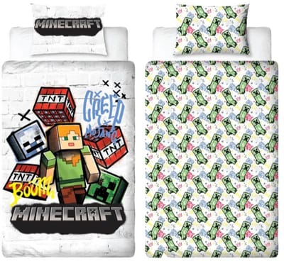 Minecraft - Eenpersoons Dubbelzijdig Dekbedovertrek - 140 x 200 - Met kussenhoes - Katoen en Polyester - Videogame Merchandise