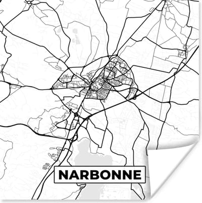 Poster Stadskaart - Plattegrond - Narbonne - Kaart - Frankrijk - Zwart wit - 100x100 cm XXL