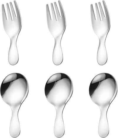 3 ronde lepels met kort gebruik, 3 vorken met kort handvat, schattige lepelvork, servies van roestvrij staal, praktisch servies voor buiten.