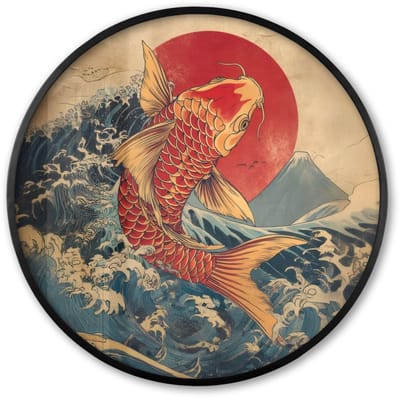 Poster in lijst Rond - Fotolijst 60x60 cm - Posters - Koi - Zee - Golven - Zon - Ronde posterlijst zwart - Decoratie - Wanddecoratie woonkamer - Muurdecoratie slaapkamer