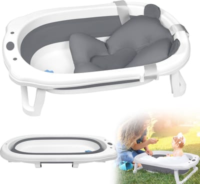 Opvouwbare babybadkuip Babybadkuip Opvouwbare badkuip Ergonomische badkuip Kinderbadkuip 82 x 50 x 20 cm Badkuip Antislip met afvoer Badkuipkussen voor pasgeborenen (antraciet met kussen)