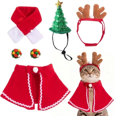 6-delige Kerstkostuum voor Katten met Sjaal en Trui - Ideaal voor Kleine Honden en Katten