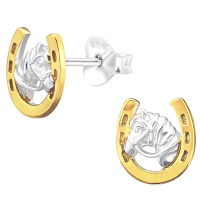 Joy|S - Zilveren paard hoefijzer oorbellen - 7.5 x 8 mm - zilver paardenhoofd en gold plated goudkleur hoefijzer