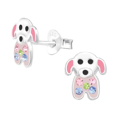Zilveren kinderoorbellen hond multi kristal | Oorknopjes hondje Meisje Zilver | Zilverana | Sterling 925 Silver