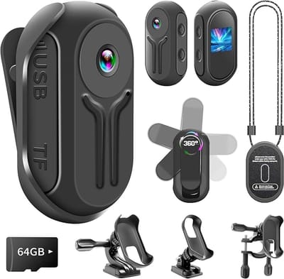 Actiecamera 1080P met 64GB – Compacte Vlogcamera met 120° Groothoeklens, Nachtzicht, Magnetische Clip & Loop-opname | Fietsen, Reizen & Vloggen