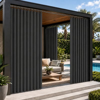 MUPOO Buitengordijn Extra Breed 254 cm - Buitengordijnen Waterdicht met Ringen - Privacy & Lichtwerend - Zonwerend Buiten Gordijn 230GSM - Outdoor Gordijn voor Terras, Veranda, Balkon en Schuifdeur - B254 cm x L244 cm - Donkergrijs - 1 Stuk