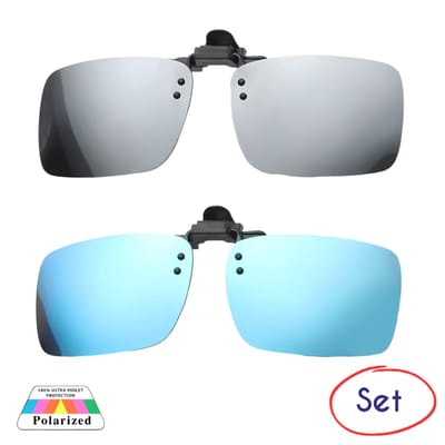 S4D® - Clip-On Zonnebril – Gepolariseerde Lenzen – UV Bescherming – Voor Multifocale Brillen - Unisex - Ultralicht & Comfortabel - Inclusief Handige Opbergcase En Zachte Microvezeldoekje ! Set Zilver & Blauw