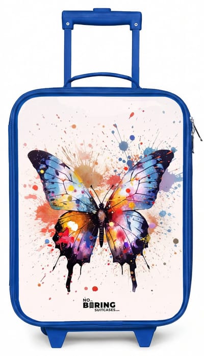 NoBoringSuitcases.com® - Kinderkoffer blauw - Kindertrolley jongen - Vlinderexplosie - Koffer kind lichtgewicht - Reiskoffer trolley voor kinderen - Koffertje met lichtgevende wieltjes - Rolkoffer