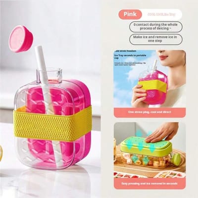 2-in-1 Waterfles met Ingebouwd IJsvak & Rietje Lekkagevrij Draagbare Sport Maker