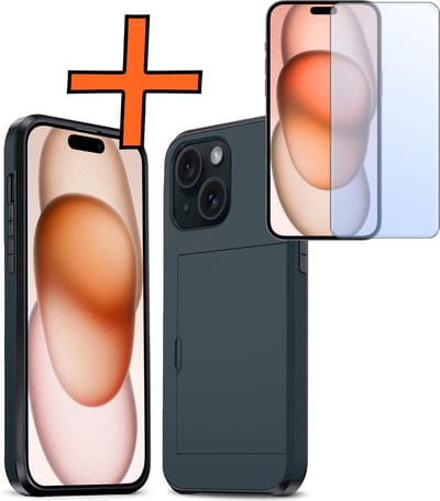 Hoesje Geschikt voor iPhone 15 Hoesje Pasjeshouder Shockproof Hard Case Met Screenprotector - Hoesje Geschikt voor iPhone 15 Hoes Met Kaarthouder - Donkerblauw