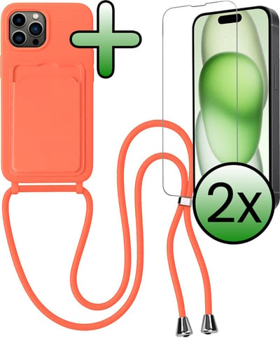 Hoes Geschikt voor iPhone 14 Pro Max Hoesje Pas Houder Case Hoes Met Koord Met 2x Screenprotector - Hoesje Geschikt voor iPhone 14 Pro Max Hoes Met Telefoonkoord Pasjeshouder Cover - Papaya
