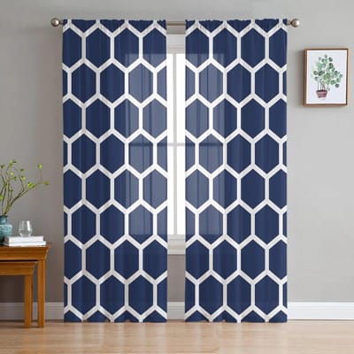 Geometrische Retro Marokko Tule Gordijnen voor Woonkamer Slaapkamer Transparant Gordijn voor Balkon Hal Mode Bedrukt Huis Gordijnen 135W x 114H(cm) blue