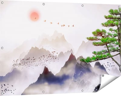 Gards Tuinposter Bergenlandschap met een Boom - Abstract - 120x80 cm - Tuindoek - Tuindecoratie - Wanddecoratie buiten - Tuinschilderij