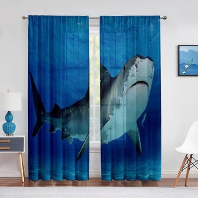 3D Haai Vis Oceaan Marine Thema Transparant Voile Gordijn voor Woonkamer Raam Chiffon Jaloezieën Slaapkamer Tule Draperie Keukengordijnen 1 PCS W100XH250cm&Grommet Top
