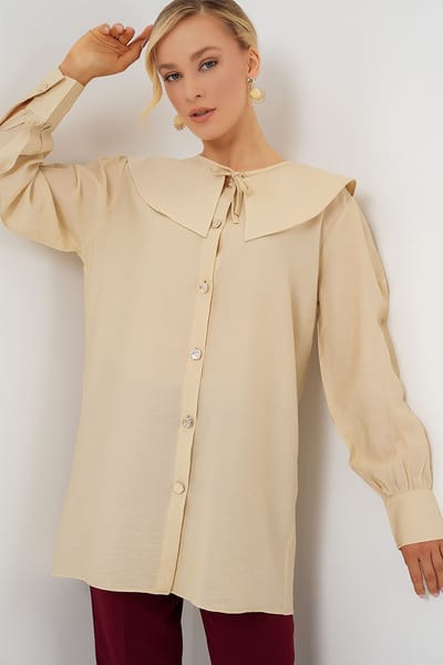 Lange Losse Fit Blouse met Babykraag en Strikdetail