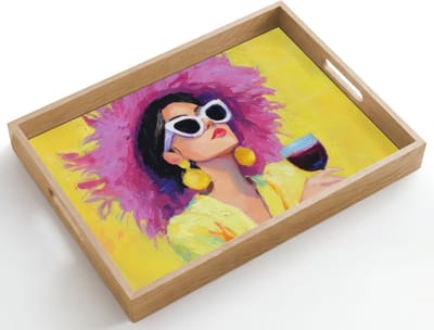 Dienblad hout 50x35 cm - Schootdienblad - Vrouw - Hoed - Paars - Wijn - Borrelplank rechthoek - Plateau dienbladen
