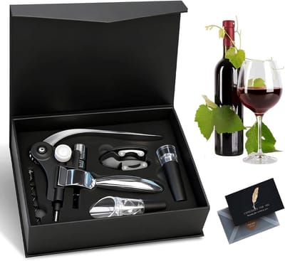 SnelShoppen - Corkscrew Set - Complete Wijnopener Set met Kurkentrekker, Foliesnijder, Wijncontainer, Flessenstop en Vervangschroef - Perfecte Wijnacc