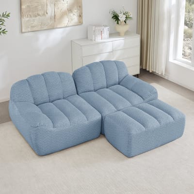 MODENUIT Hoekbank 2-Zits - Modulair Met Ottoman En Diepe Zitting - Voor Woonkamer En Appartement - Fleece Blauw