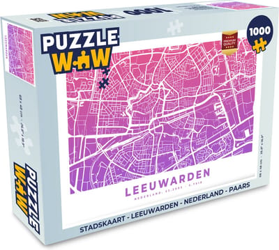 Puzzel Stadskaart - Leeuwarden - Nederland - Paars - Legpuzzel - Puzzel 1000 stukjes volwassenen - Plattegrond