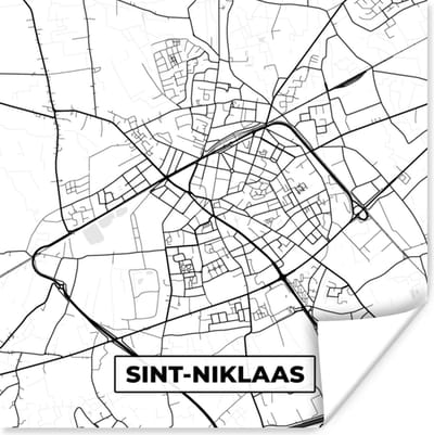 Poster Zwart Wit – België – Plattegrond – Stadskaart – Kaart – Sint Niklaas - 100x100 cm XXL
