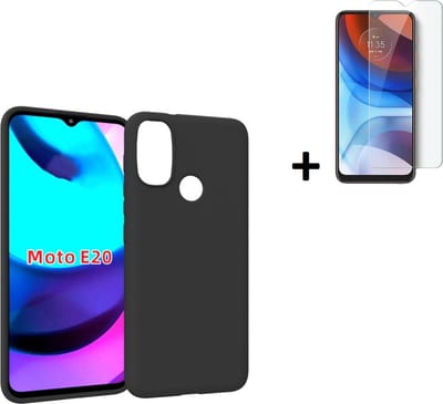 Hoesje Geschikt voor Motorola Moto E20 - Screenprotector Motorola Moto E20 - Siliconen - Motorola Moto E20 Hoes Zwart Case + Tempered Glass