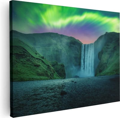 Artaza Canvas Schilderij Noorderlicht - 40x30 cm - Klein - Wanddecoratie Waterval - Muurdecoratie Bergen - Schilderijen Op Canvas