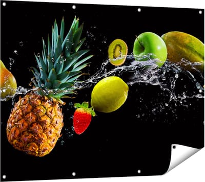 Gards Tuinposter Fruit met Water op Zwart Achtergrond - 120x90 cm - Tuindoek - Tuindecoratie - Wanddecoratie buiten - Tuinschilderij