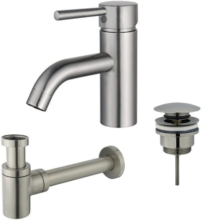FugaFlow Eccelente Sobrado Badkamer Wastafelkraanset - lage wastafelkraan - klikwaste plug - verlaagde design sifon - PVD Geborsteld RVS