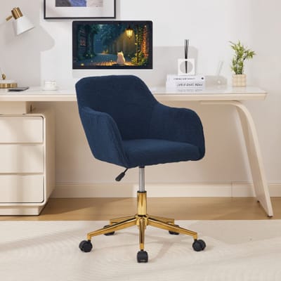 Intebiki bureaustoel - gaming stoel - ergonomische bureaustoel - bureaustoelen voor volwassenen - Teddy fleece stof - In hoogte verstelbaar - 360° draaibaar - Gouden poten - Geschikt voor kantoor en thuiswerkplek - donkerblauw