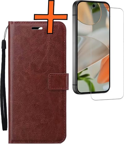 Hoes - Met Screenprotector - Geschikt voor Google Pixel 9 - Luxe Pasjeshouder - Bookcase Portemonee - Flip Case - Kunstleer Book Case - Flipcase - Book Cover - Walletcase - PortemonneeHoes - Bruin