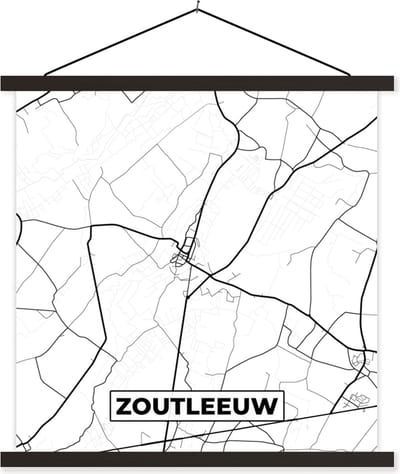 Posterhanger incl. Poster 60x60 cm - Schoolplaat - België – Zoutleeuw – Stadskaart – Kaart – Zwart Wit – Plattegrond - Textielposter - Zwarte latten - Stadskaart
