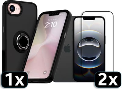 Casemania Hoesje en Glas Geschikt voor Apple iPhone 16e - Zwart - Matte Kickstand Armor - Back Cover met Ring - 2x Glazen Screenprotector