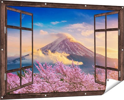 Gards Tuinposter Doorkijk Fuji Berg met Roze Bloesembomen - Bloemen - 150x100 cm - Tuindoek - Tuindecoratie - Wanddecoratie buiten - Tuinschilderij